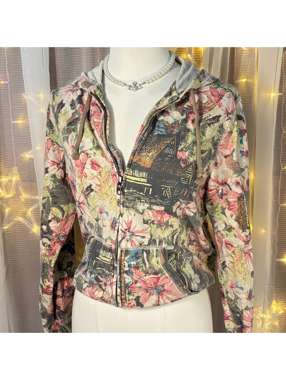 Chico's Floral Tropical Zip Hoodie 100% Cotton Cottagecore Boho Jacket S Coastal